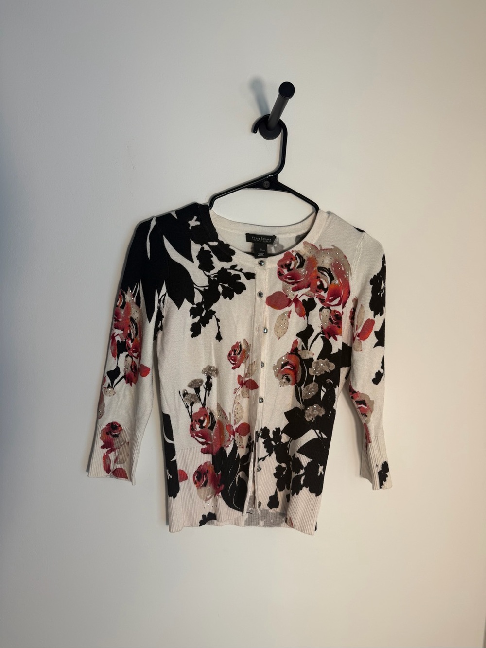 White House Black Market Floral Button Cardigan with Pink & Black Roses